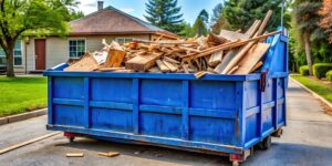 Blue dumpster with wood in it sitting infront of a house